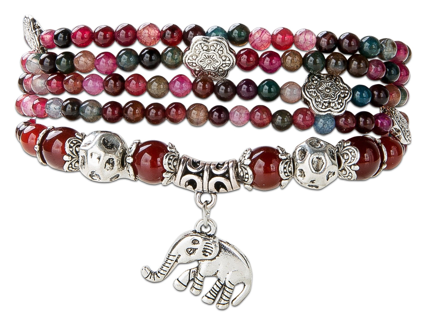 SPUNKYsoul Good Luck Elephant Natural Garnet & Agate Stretch Wrap Bracelet Mala Collection