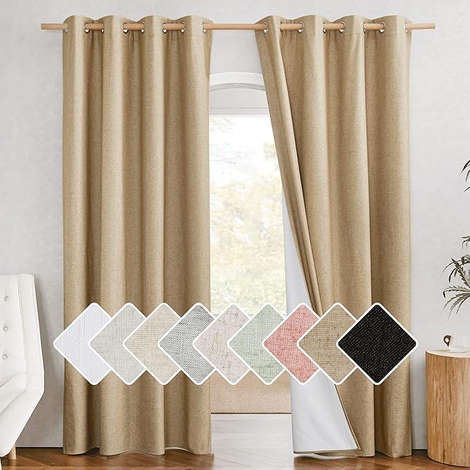 NICETOWN 100% Absolutely Blackout Linen Curtains with Thermal Insulated White Liner, Camel, W52 x L90, 2 Panels, Textured Linen Look Noise Reducing Window Treatments Drapes for Bedroom/Living Room