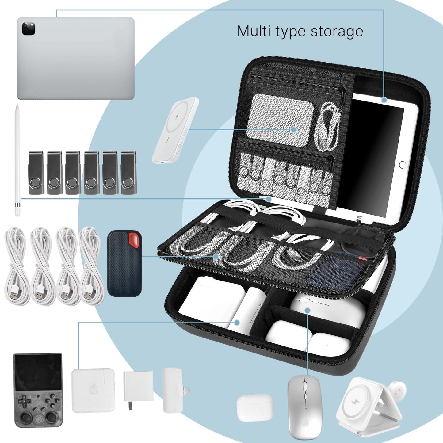 Comecase Electronics Organizer Travel Case for MacBook Pro/Air Power Adapter, Double Layer Tech Bag with 5 Dividers for iPad Mini/Air (up to 11"), Cables, Magic Mouse, Power Bank & SSD - Black