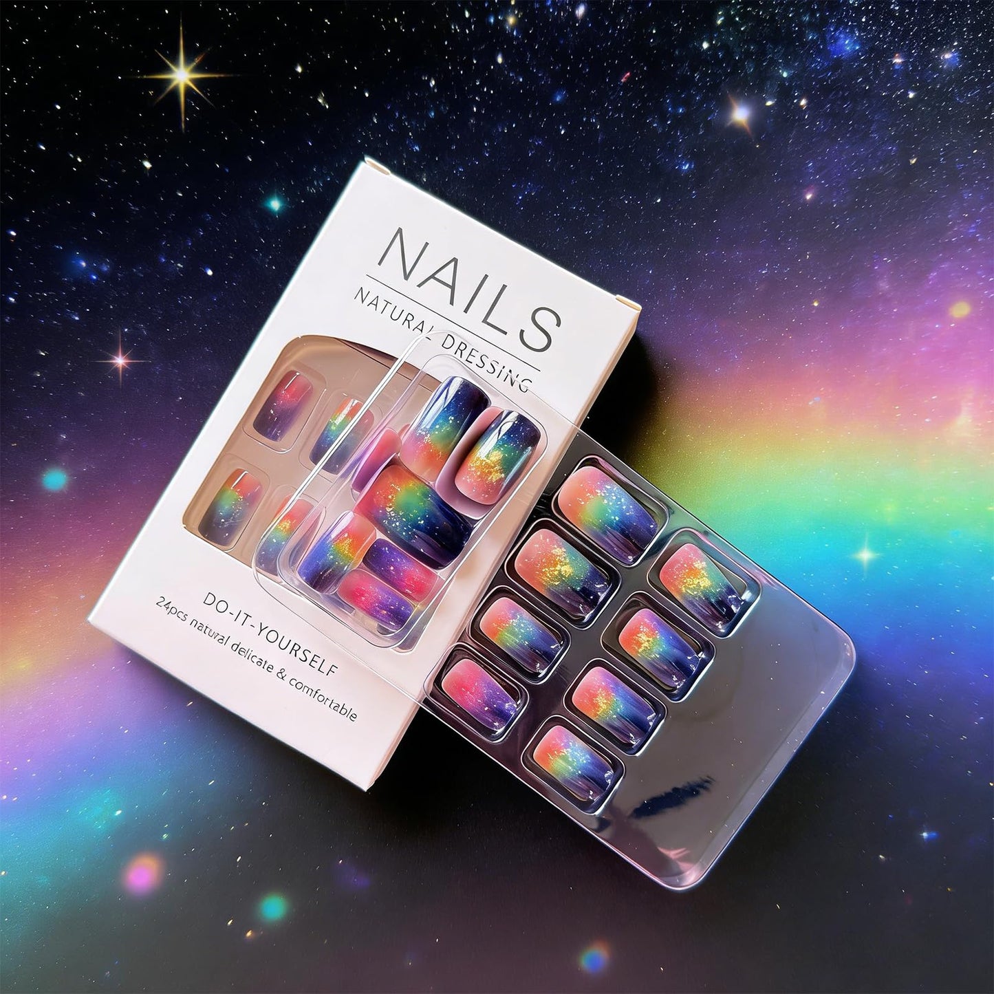 Medium Square Press on Nails Aurora Starry Sky Fake Nails Multicolor Gradient False Nail Glossy Full Cover Stick on Nail Reusable Artificial Glue on Nails for Women Manicure 24Pcs