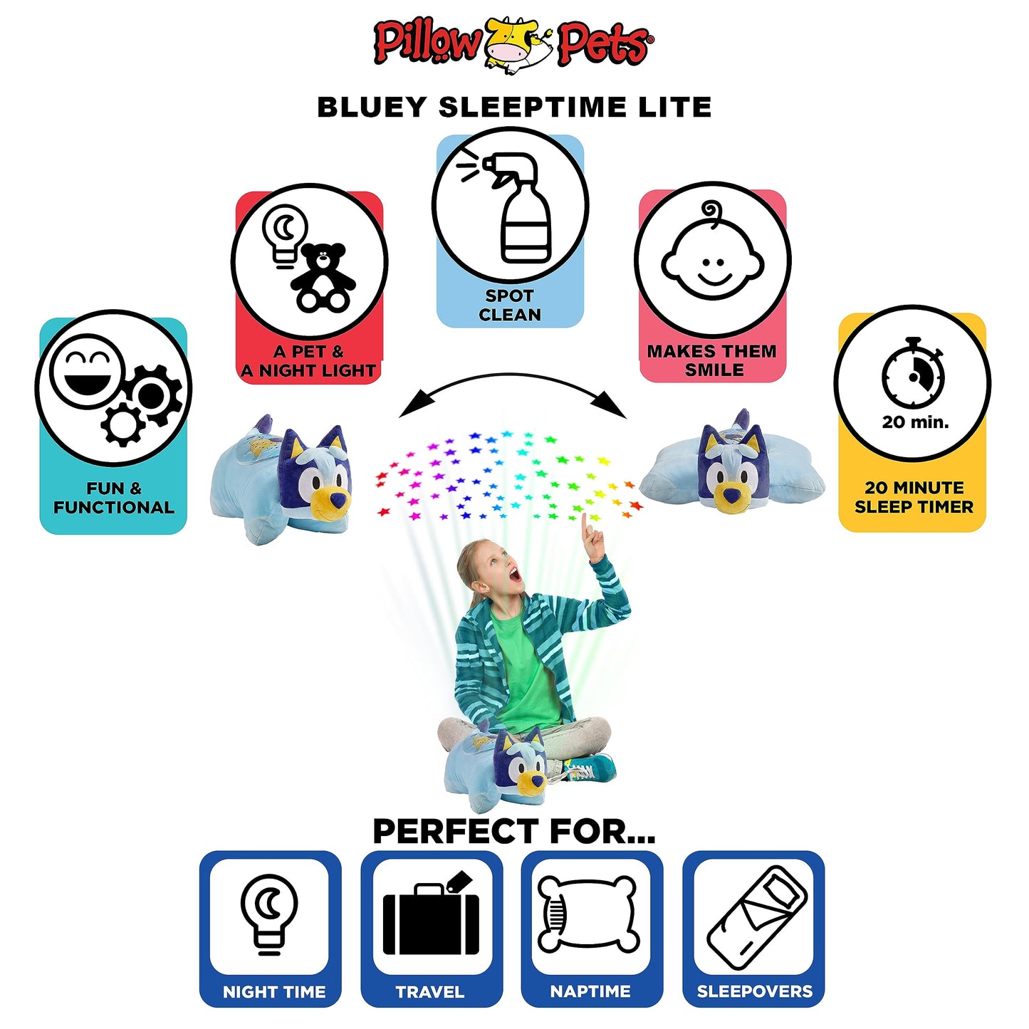 Pillow Pets 16 inch Bluey Sleep Time Light, Stuffed Animal Plush Toy, Gifts for Kids