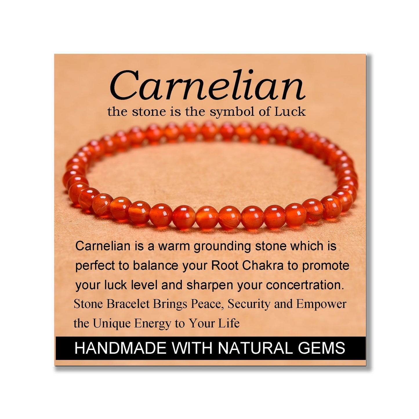 MASSIVE BEADS Carnelian - Stone of Luck - Handmade Yoga Stretch Elastic Bracelet Natural Stone Crystal Healing Power Energy Gifts for Unisex Adult 4mm