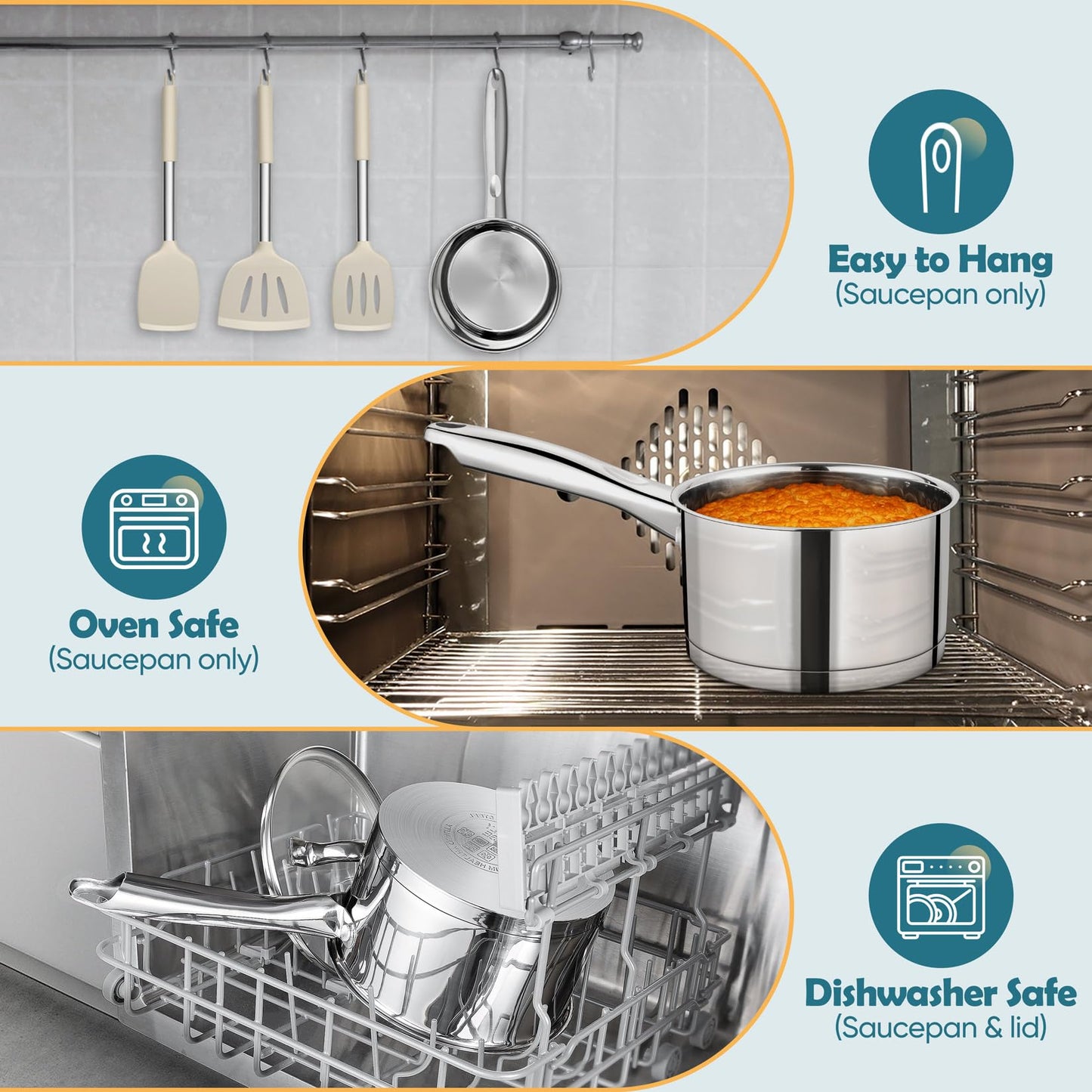 P&P CHEF 3 Quart Saucepan with Lid Set, Stainless Steel Small Cooking Pot Induction Sauce Pan for Pasta Soup, Ergonomic Handle & Tri-ply Base, Dishwasher Safe, 1 Pan