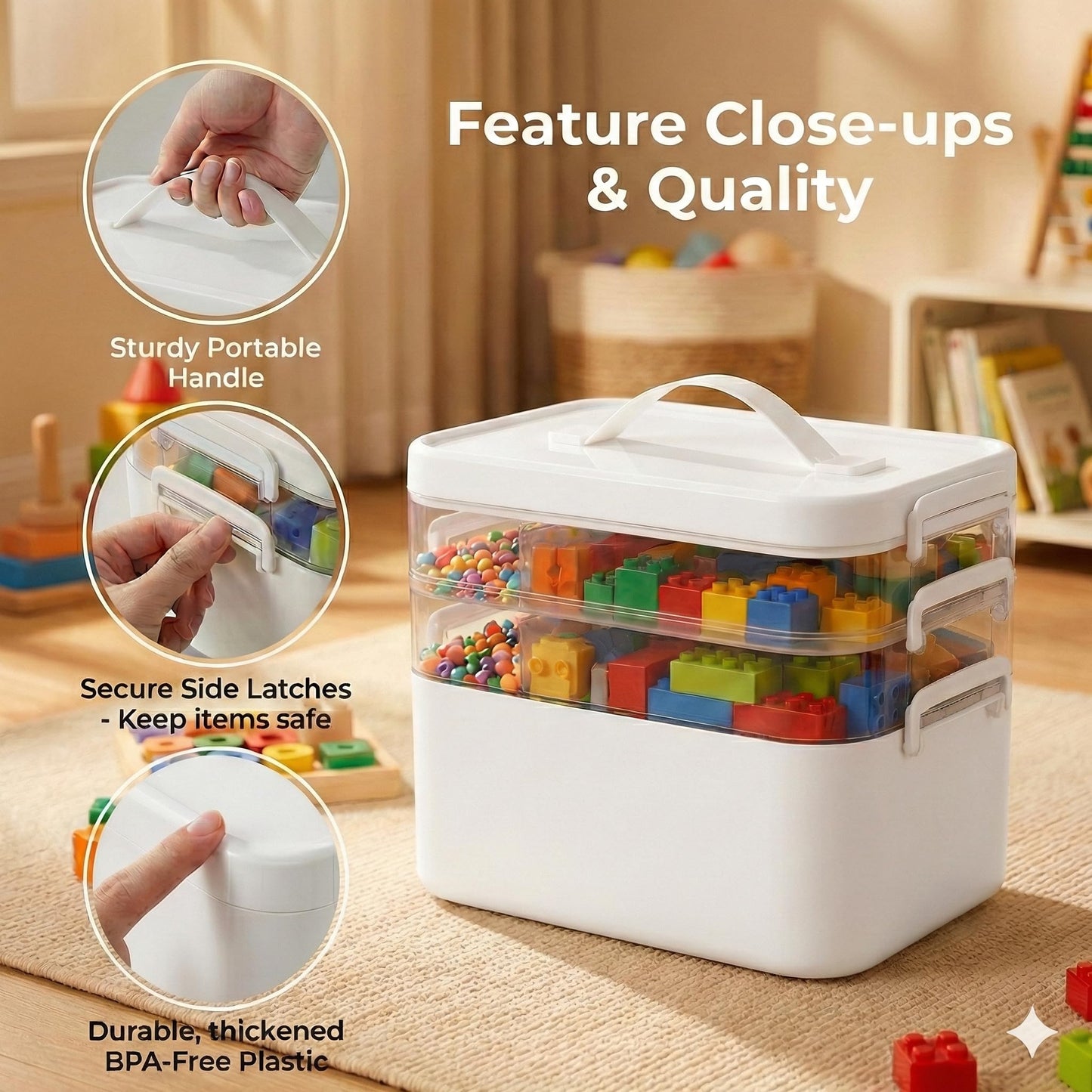 MERATIA 13.3 QT Art Supply Organizer Box with Handle, White 3-Tier Stackable Craft Storage Container with Removable Trays for Markers, Paints, Beads and Sewing Accessories 11.1''x7.7''x9.1''