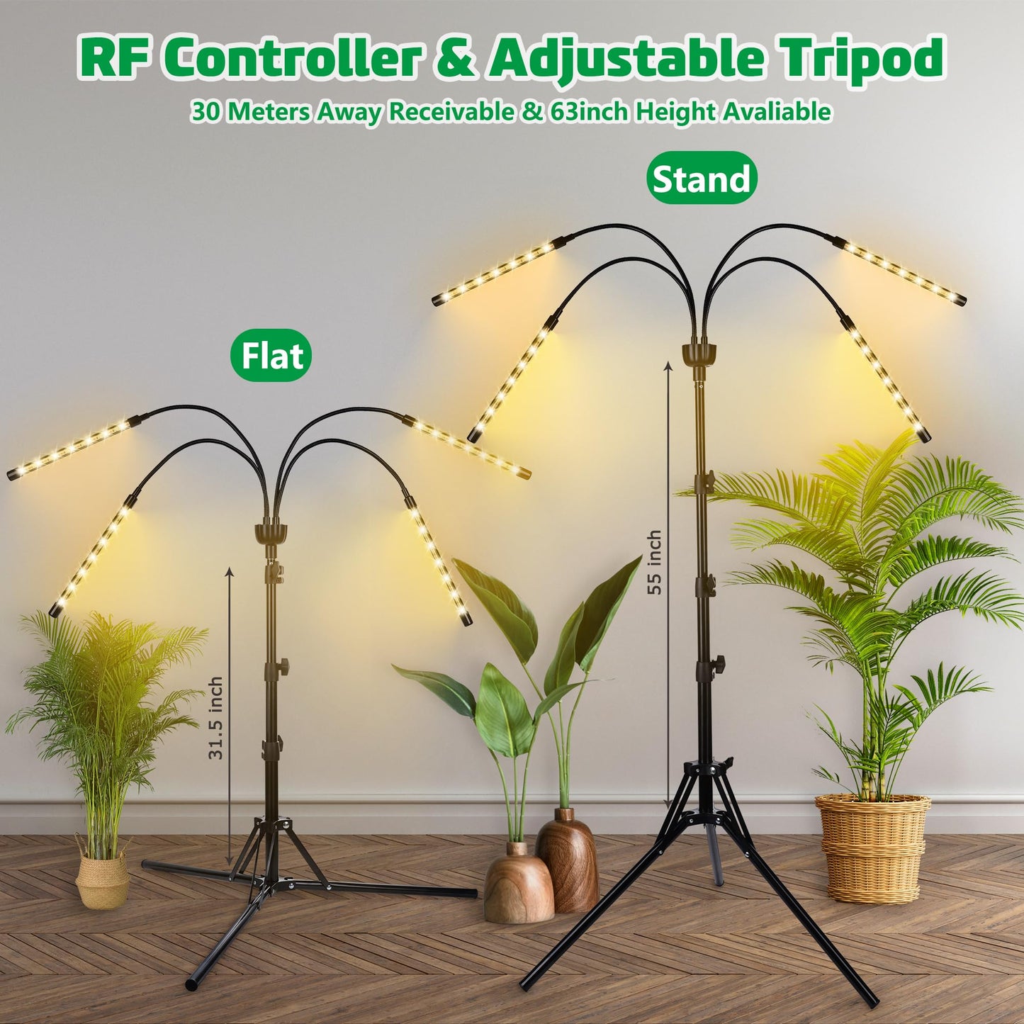 LED Grow Lights for Indoor Plants Full Spectrum with 15-63 inches Adjustable Tripod Stand, Red Blue White Floor Grow Lamp with 4/8/12H Timer with Remote Control