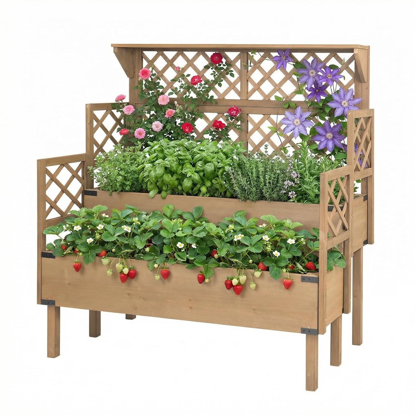 Raised Garden Bed with Trellis & Top Shelf, Outdoor Elevated Planter Box with 2 Planting Areas, Liner & Metal Corners for Climbing Plants, Vegetables, Herbs