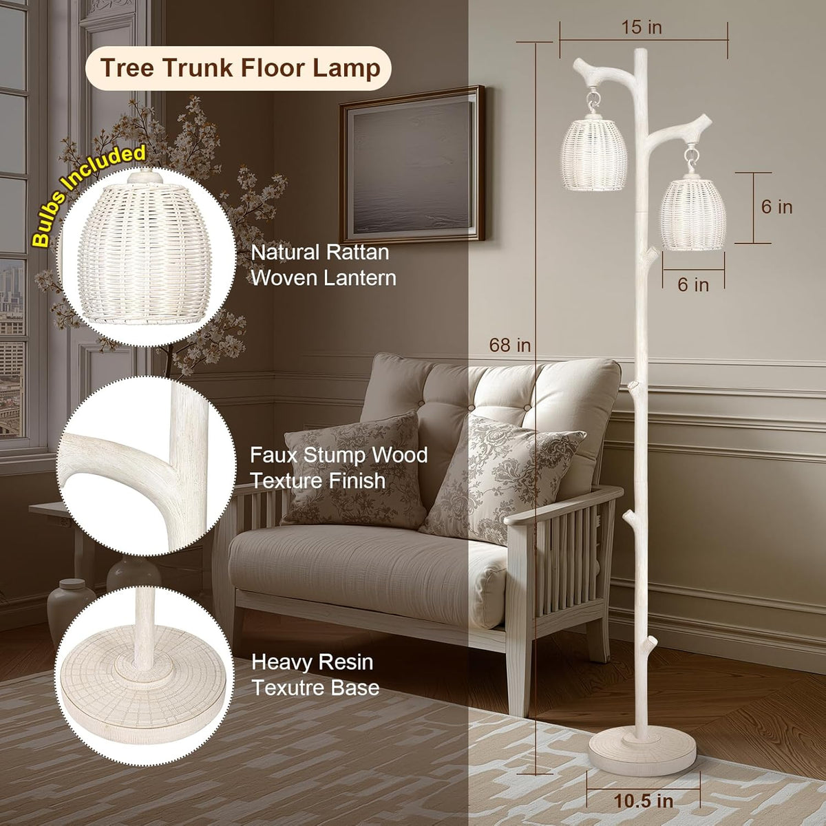 Scenekoy Rustic 68” Tall Floor Lamp with Rattan Shade, Retro Standing Lamp Tree Trunk Washed White Finish & Resin Body, Dimmable Corner Lamp with Bulb Prefer for Living Room Bedroom Home Decor