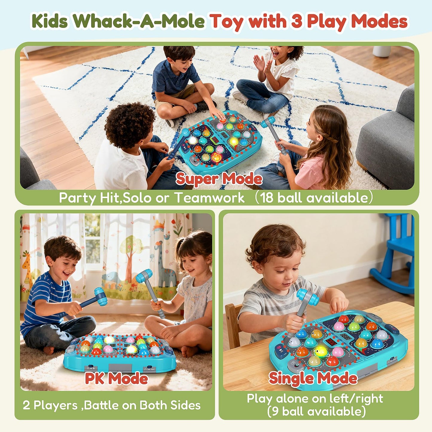 2-Player Whack Game Mole - Toys for Age 3-12 Kids,2 Hammers,3 Modes with Sound & Light,Safe Educational Pounding Toy,Birthday for 3 4 5 6+ Year Old Boys Girls,Blue