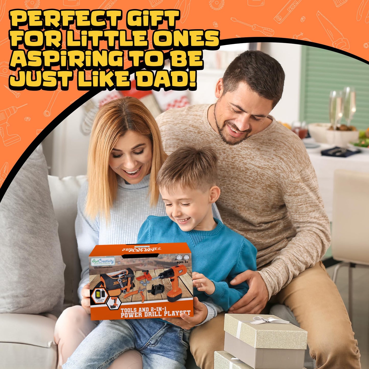 ArtCreativity Power Drill Tool Set for Kids - Pretend Playset with 2-in-1 Toy Drill with Lights, Sounds, Motion - Includes Toy Hammer, Pliers, Bolts, Screwdriver and More - Sturdy Bag for Storage