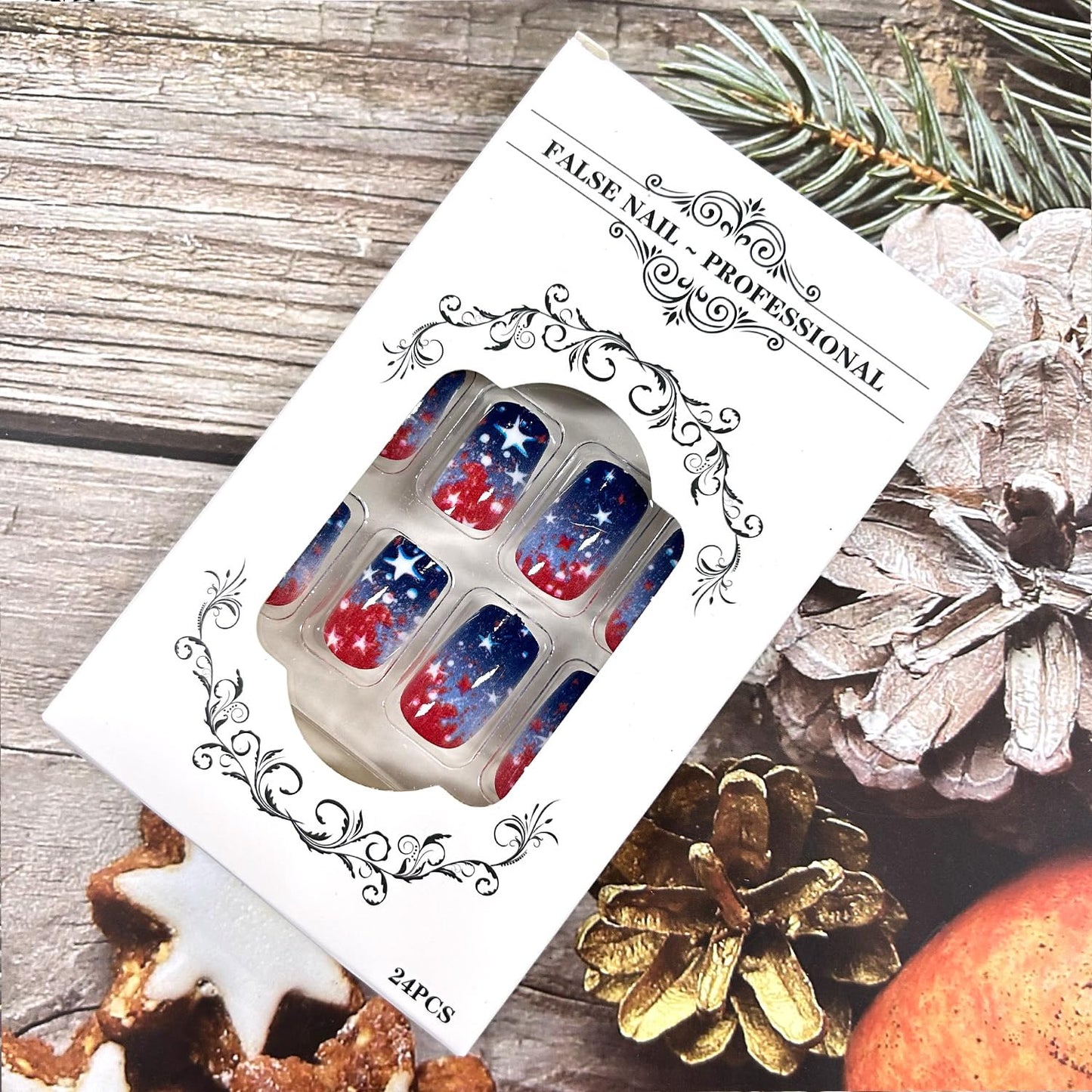 CJDLTS 24Pcs Independence Day Stars Press on Nails Medium Square Red Blue Smudge 4th of July Independence Day False Nail Full Cover Artificial Acrylic Nails Holiday Manicure Glue on Nail for Women
