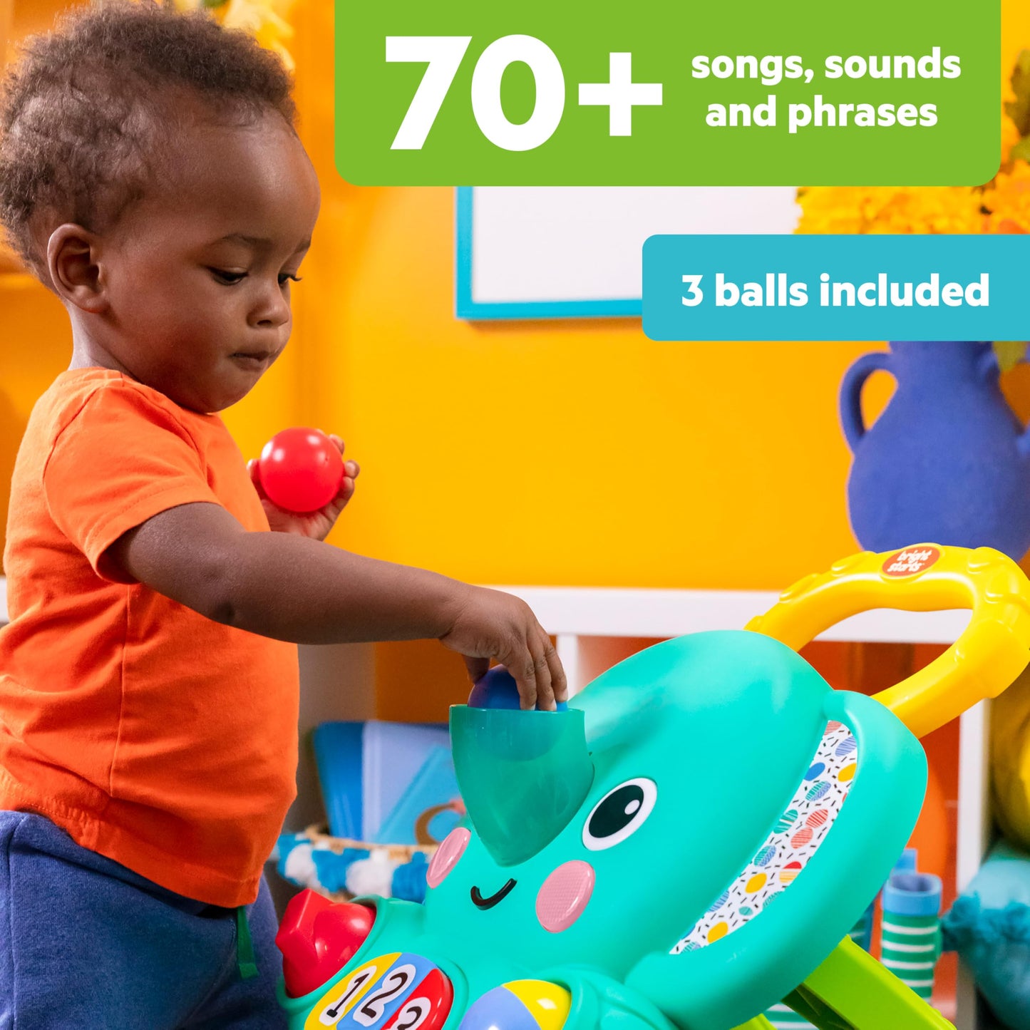 Bright Starts Stroll 'n Roll 2-in-1-Ball Push Walker – Includes 3 Toy Balls, Elephant with 70+ Songs & Sounds, 7 Activities - Ball Drop, Piano, Spinner, Flip Book & More
