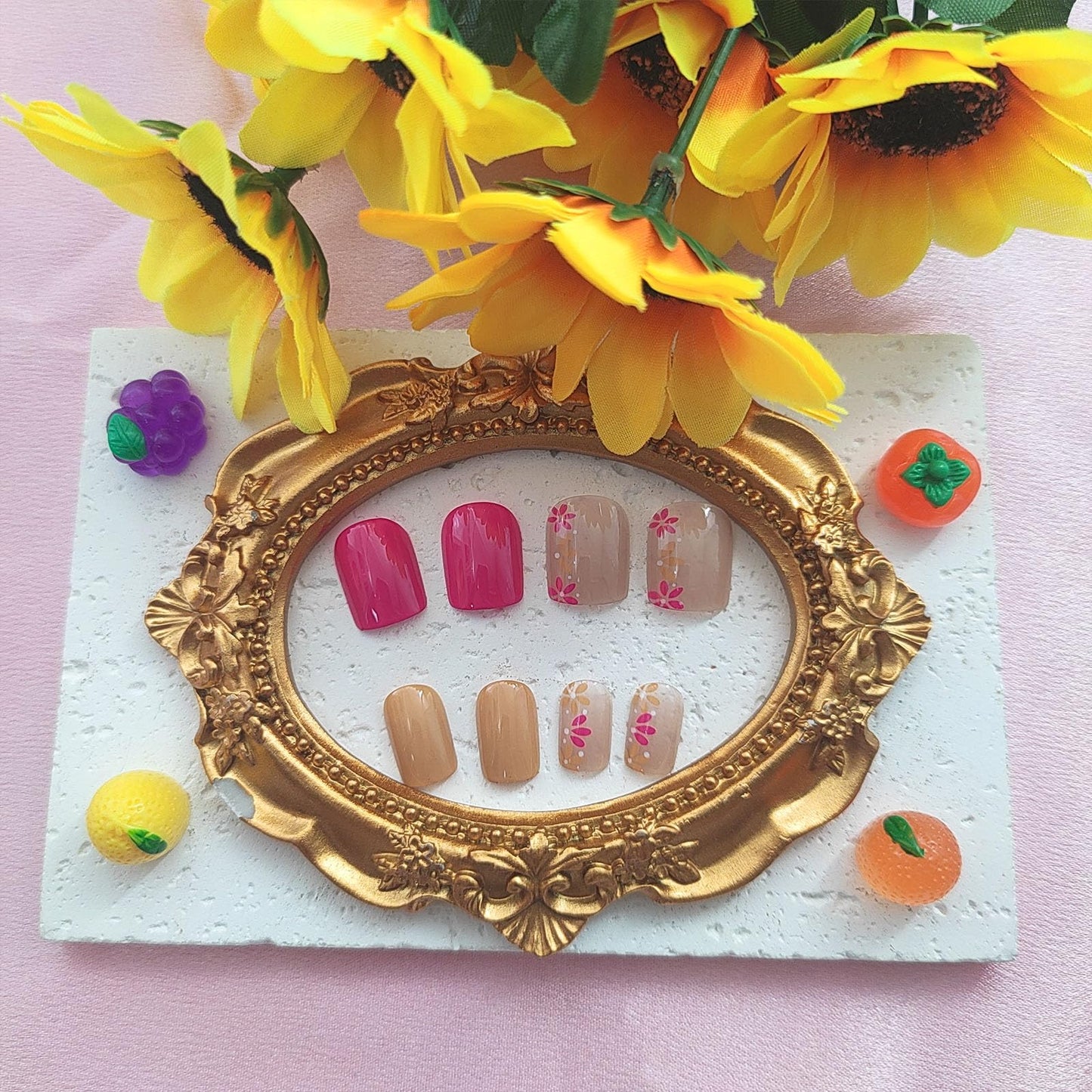 Spring Press on Nails Square Fake Nails with Flower Designs Pink Nails Press ons Yellow Acrylic Nails Glossy Glue on Nails Spring False Nails Artificial Stick on Nails for Women 24Pcs