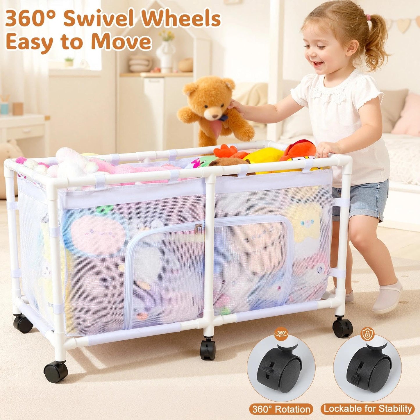 FIOBEE Toy Box for Girls Boys with See-through Mesh & 360° Rotating Wheels Toy Chest Organizer Easy Install Stuffed Animal Storage for Nursery Playroom Toy Storage Bin, White