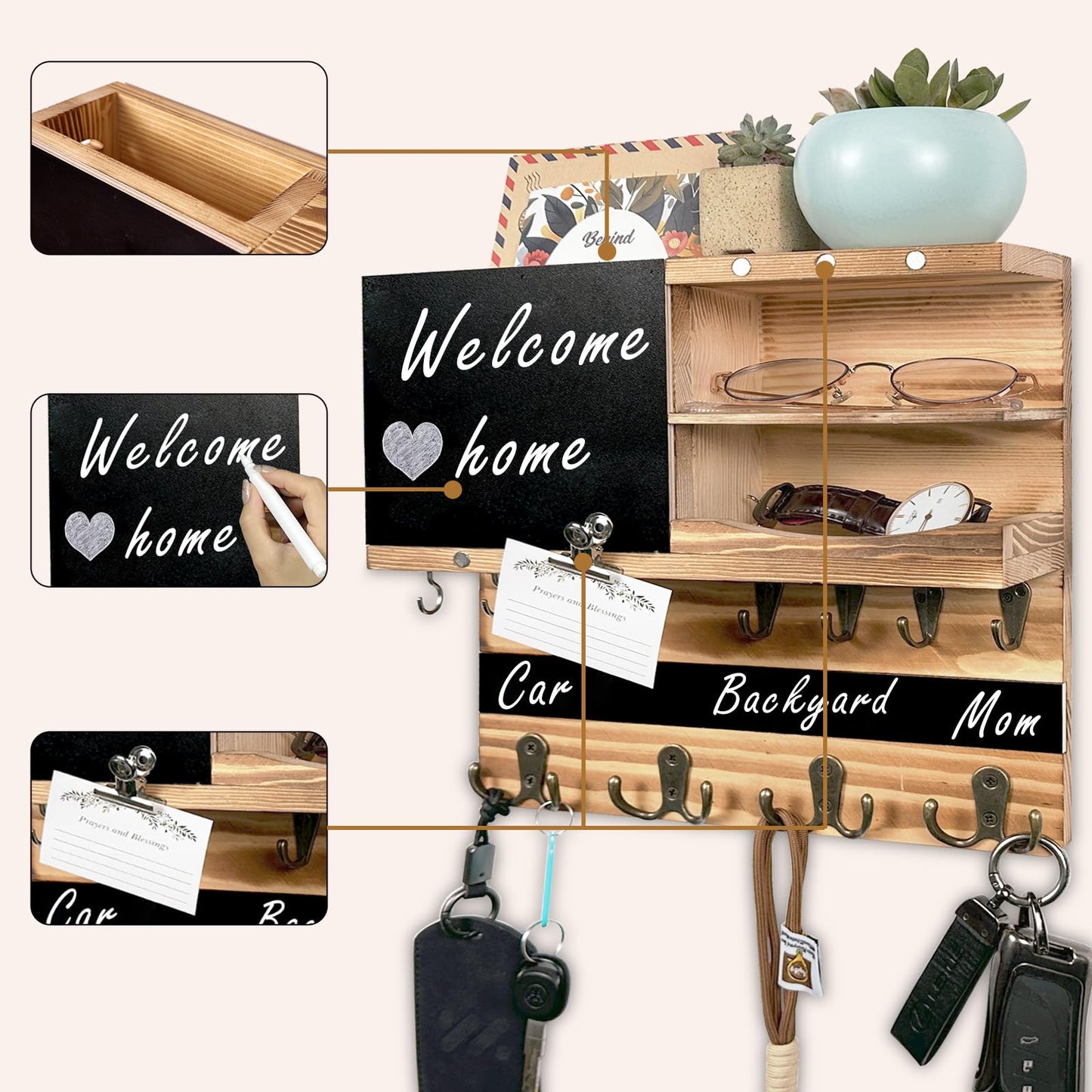 UBMRK Key Holder for Wall Mounted Keys and Mail Holder Decorative Farmhouse Organizer Wall Hanger with Hooks Small Key Shelf for Home Entryway Hallway Bedroom Decor New Home Gift