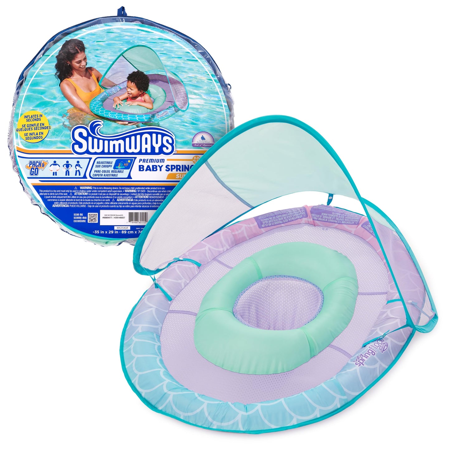 SwimWays Baby Spring Float, Baby Pool Float with Canopy, Swim Training PFD, Swimming Pool Accessories for Babies and Toddlers 9-24 Months, Mermaid
