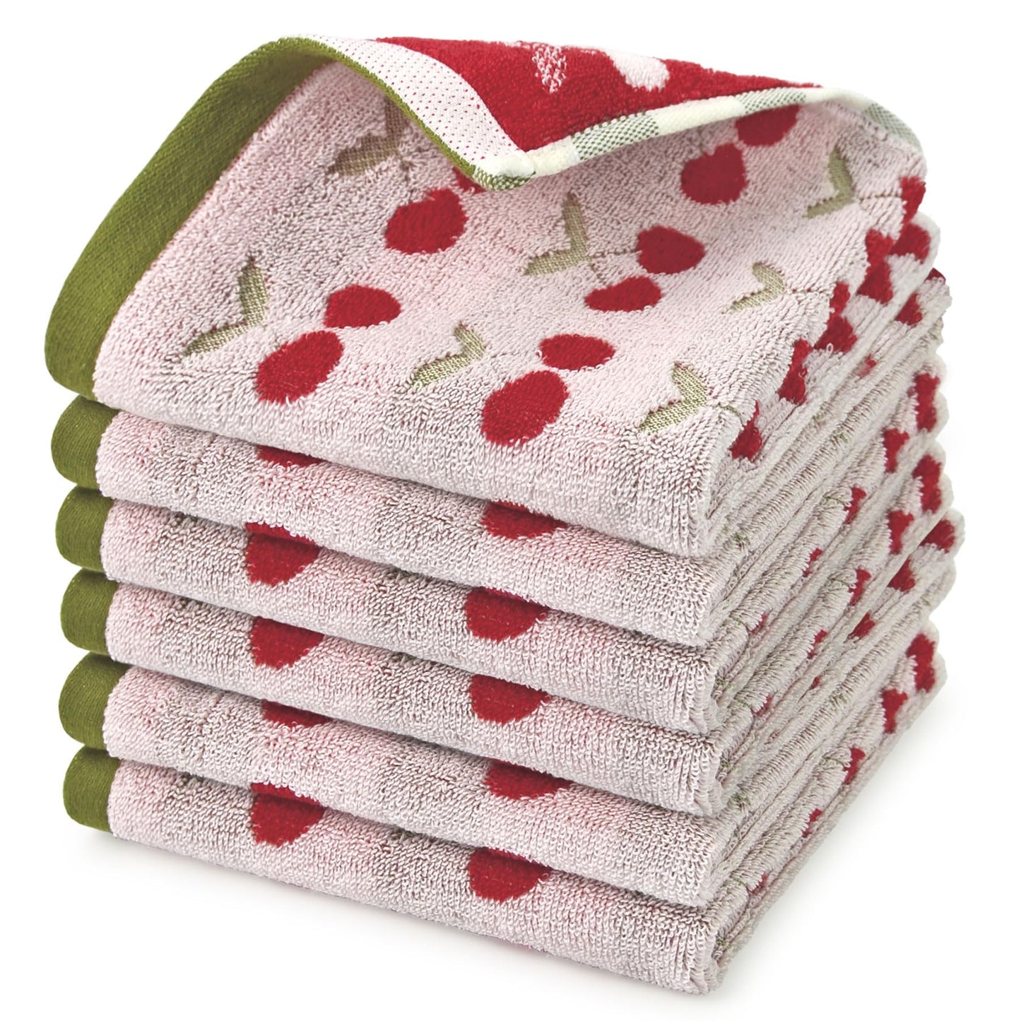 Cleanbear Cherry Pattern Washcloths 6 Pack, Reversible Cotton Wash Cloths 13 x 13 Inches, Soft Absorbent Face Towels for Bathroom, Red