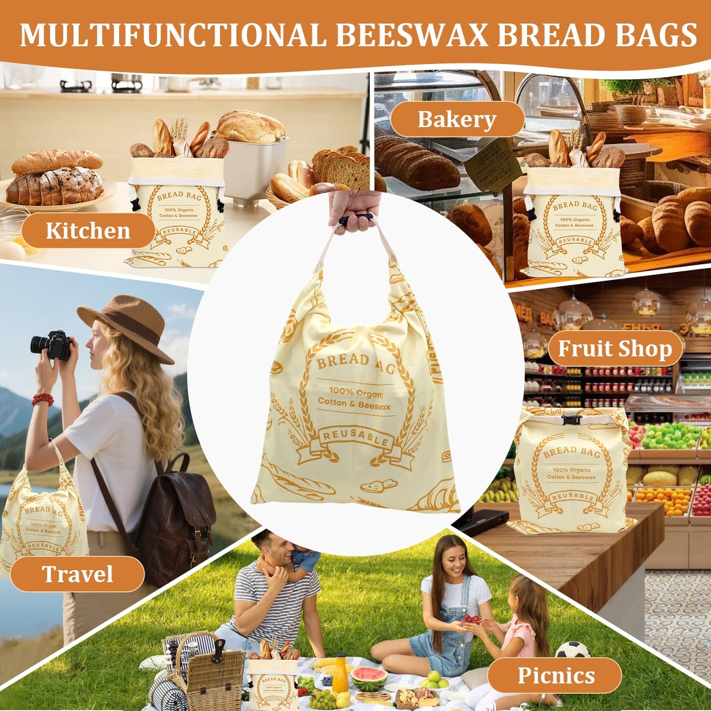 2 Pack Beeswax Bread Bags for Sourdough & Homemade Bread - Natural Cotton Sourdough Reusable Beeswax Food Storage Bag, Freezer-Safe, Keep Bread Fresh