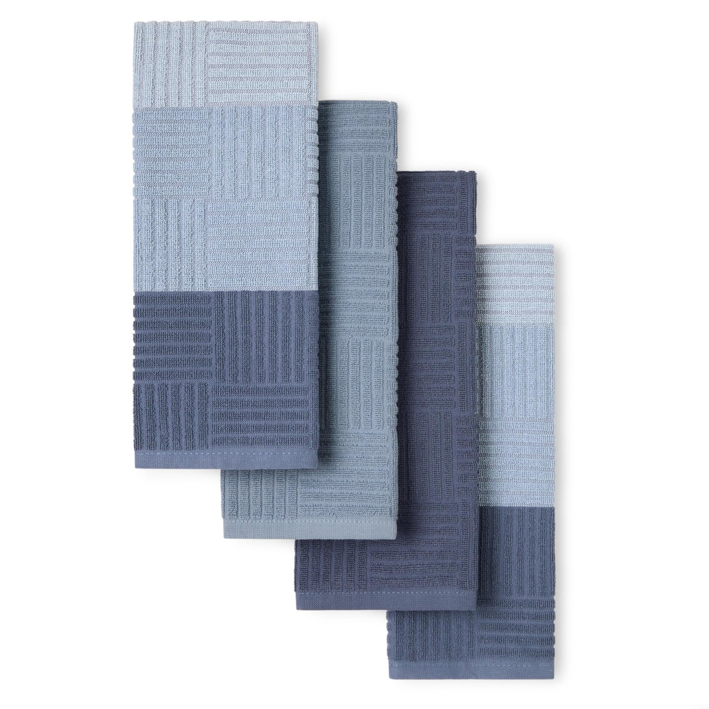 Town & Country Basics Basketweave Antimicrobial Terrycloth Kitchen Towel 4-Pack Set, Absorbent 100% Cotton, Machine Washable, Blue, 16"x28"