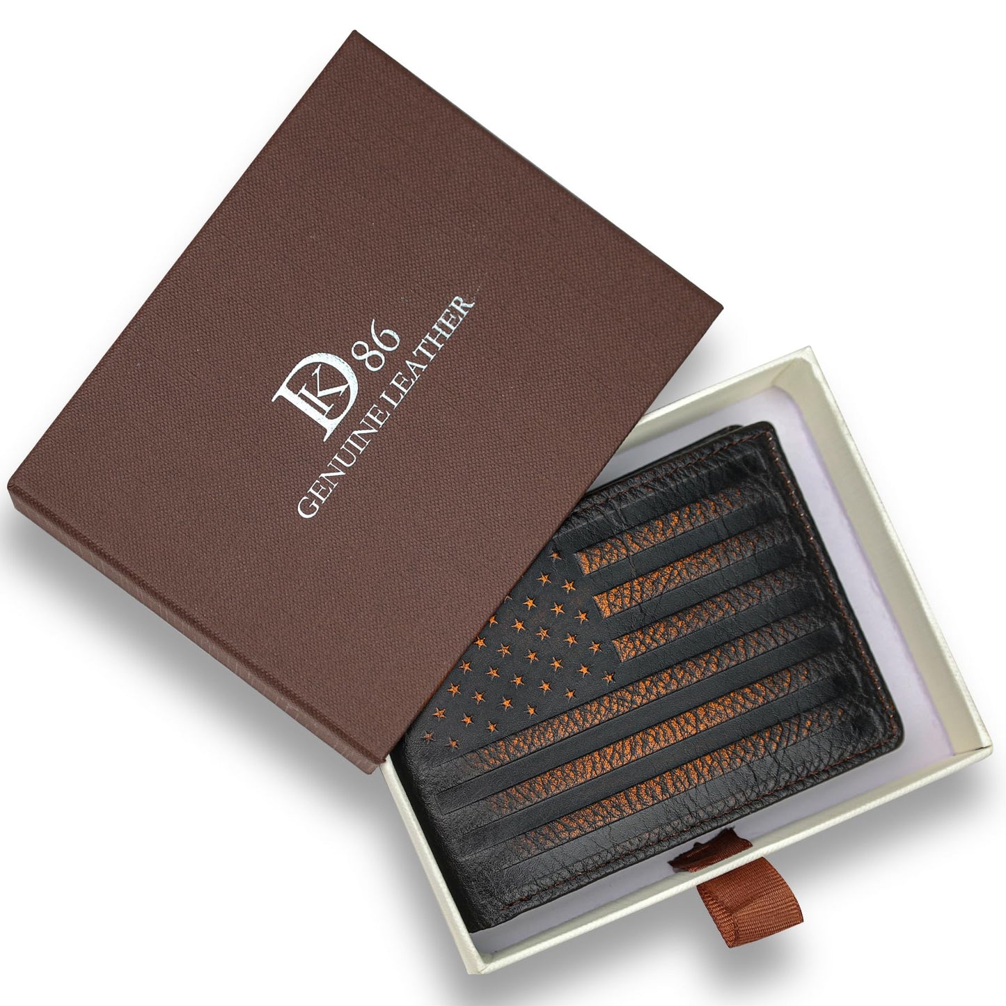 DK86 USA Flag Wallet for Men Slim Rfid Bifold Genuine Leather 2 ID Window With Gift Box (black brown with US flag)