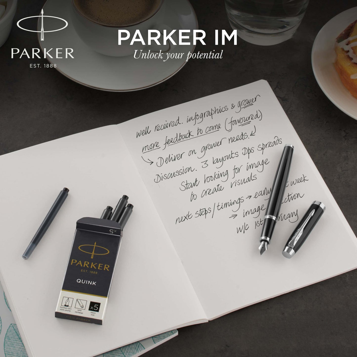 Parker IM Fountain Pen, Black Lacquer with Gold Trim, Fine Nib, Blue Ink Refill, Elegant Gift Box