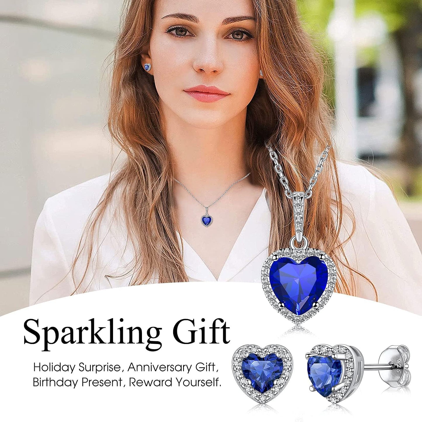 Bestyle Adorable September Sapphire Birthstone Stud Earrings 925 Sterling Silver CZ Heart Gemstone Studs Earrings Great Birthday Gift for Daughter/Wife/Mom/Grandma