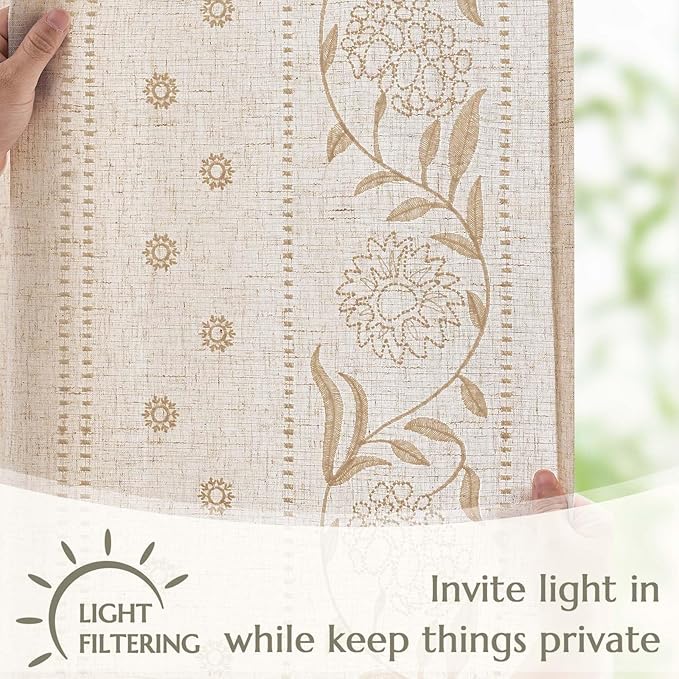 jinchan Winslow Linen Curtains for Bedroom 84 Inches Length Embroidered Bordered Floral Curtains for Living Room Farmhouse Decor Light Filtering Window Treatments Ivory on Beige Drapes 2 Panels