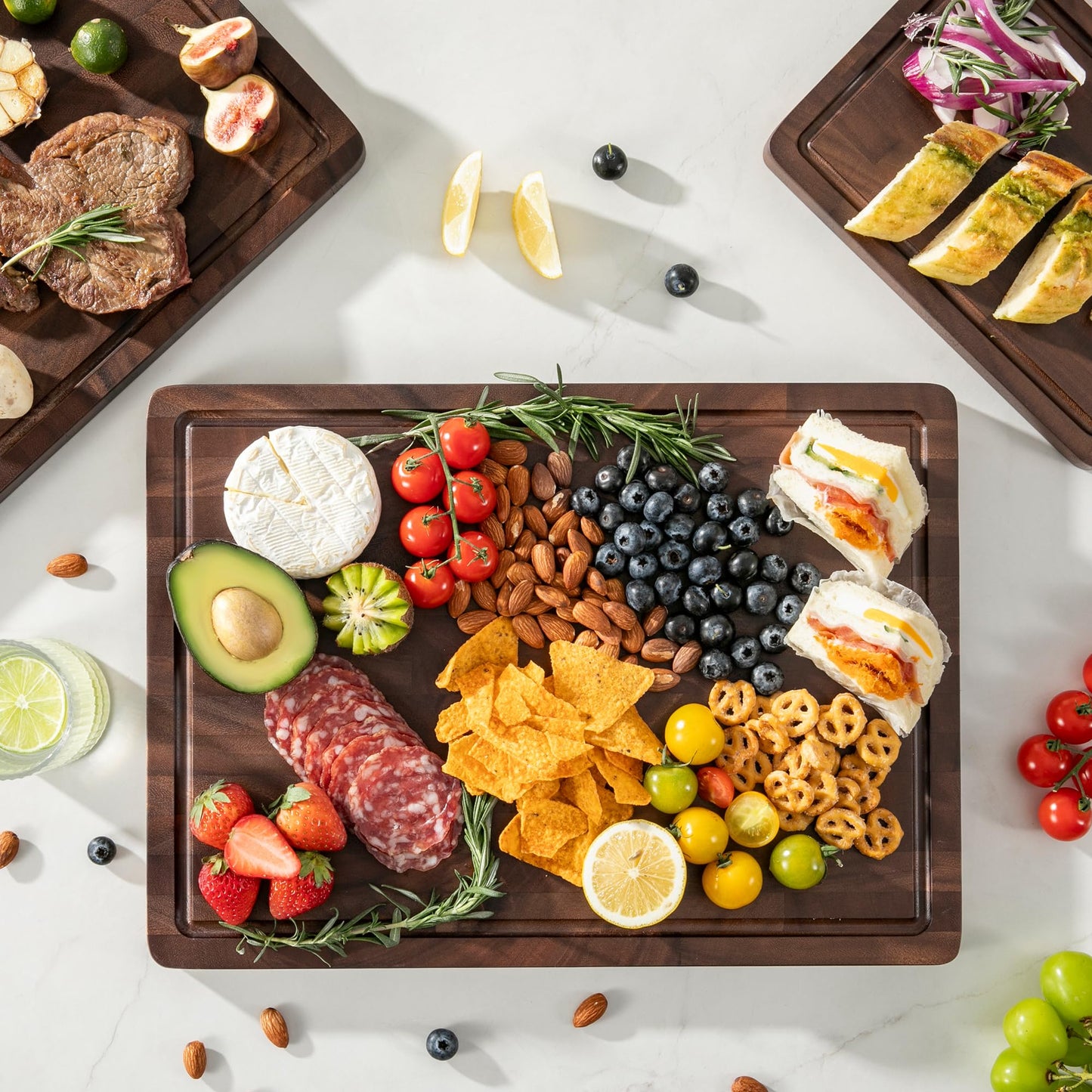 THETCHRY Walnut Wood Cutting Board Set, End Grain Cutting Boards for Kitchen with Handle, Non Toxic Wooden Charcuterie Boards Double Sided, Butcher Block for Meal Prep & Serving with Gift Box