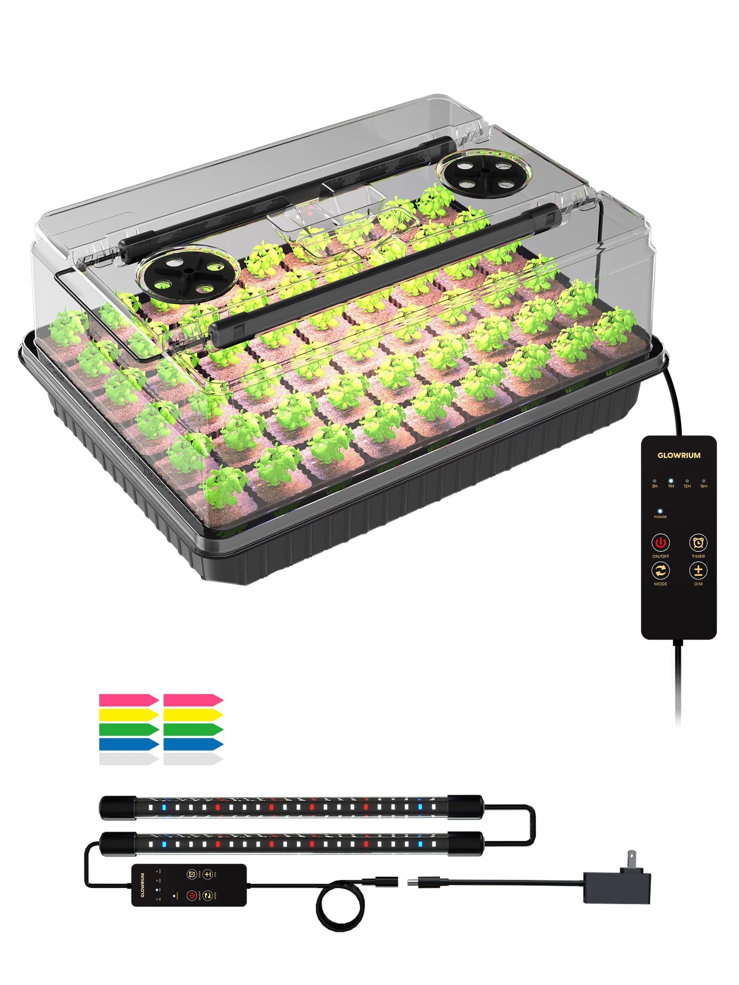 GLOWRIUM Seed Starter Tray with Full Spectrum Grow Light,54-Cell Seed Starter Kit with Humidity Dome,6-Setting Auto Timer,Adjustable Brightness Indoor Seedling Starter Tray for Indoor Plant (1-Pack)