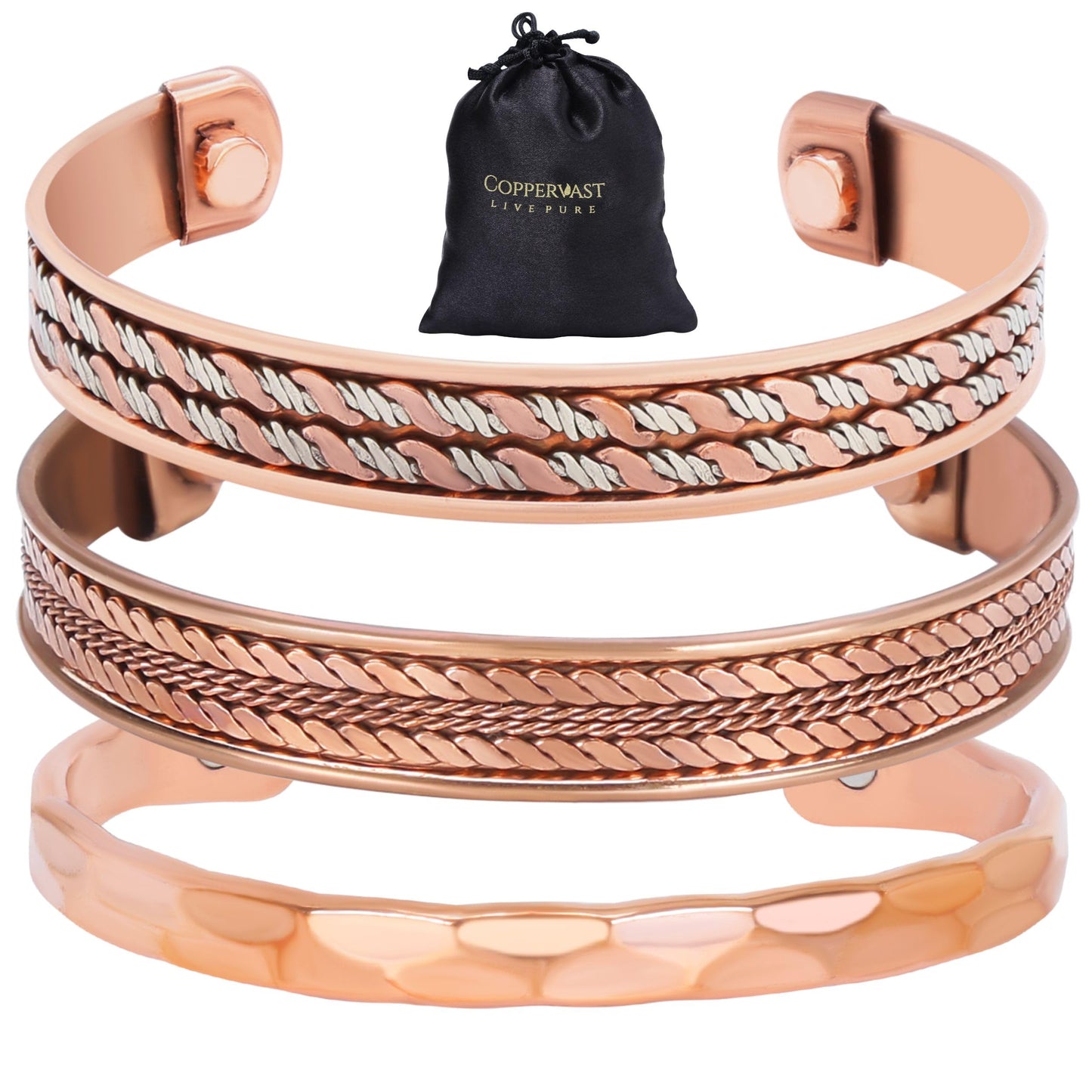 Pure Copper Bracelet Set for Men & Women –3-Piece - Handmade Adjustable Solid Copper Cuff Bangles with Gift Bag | Elegant Unisex Copper Jewelry Gift for Mom