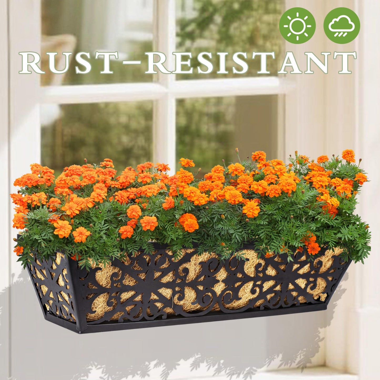 Karlliu 2 Pack 24 Inch Window Boxes Planters Railing Planter Box with Adjustable Brackets & Coco Liners Fabric Plant Grow Bags Deck Railing Planter Boxes Balcony Hanging Flower Box for Outdoor Plants