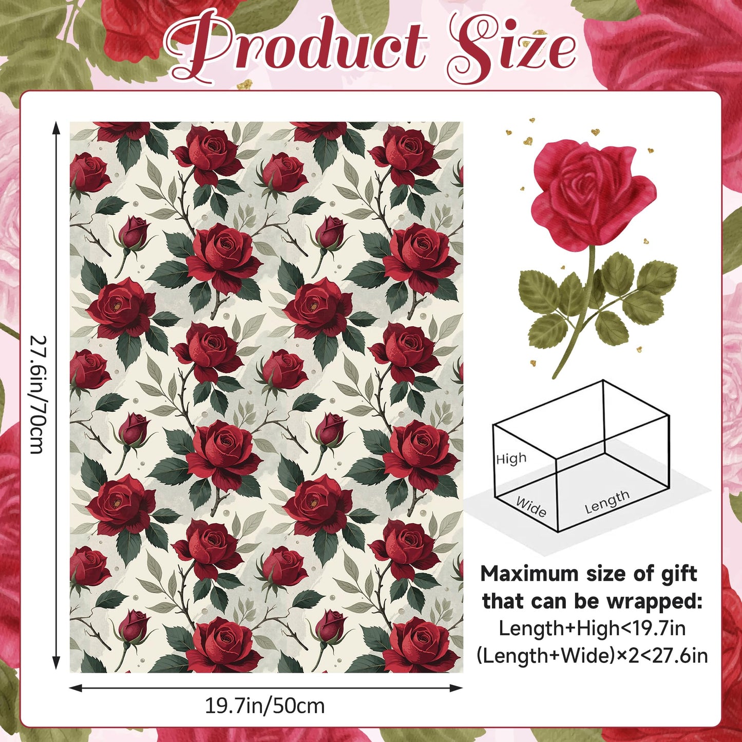 Liobelon Gothic Rose Wrapping Paper - 12 Sheets Dark Black & Red Roses Designs, Horror Goth Aesthetic Flower Gift Wrap for Gothic Birthday, Mother's Day, Wedding, Anniversary, 19.7 x 27.6 In.