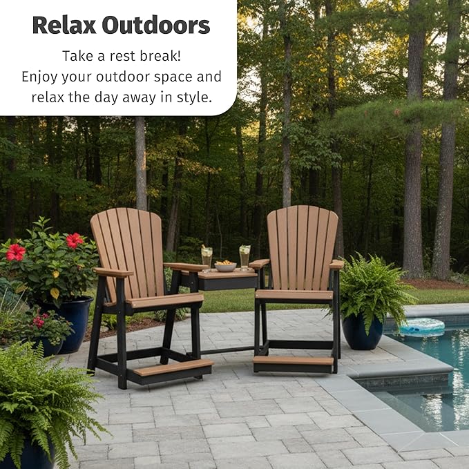 DutchCrafters Plastic Poly Outdoor Bistro Set with 2 Chairs and Attached Center Table, 3 Piece Patio Furniture Set - Amish Made in USA (Tudor Brown & Weatherwood)