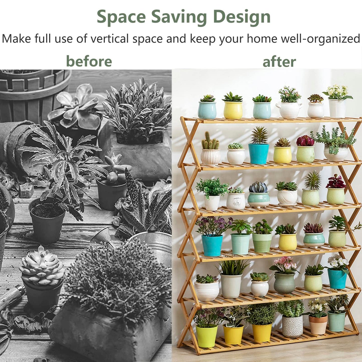 Tall Plant Stand No Assembly Required 6-Tier Foldable Bamboo Plants Shelves for Indoor Outdoor, Large Capacity Flower Pot Holder for Multiple Plants for Living Room, Patio, Balcony, Office