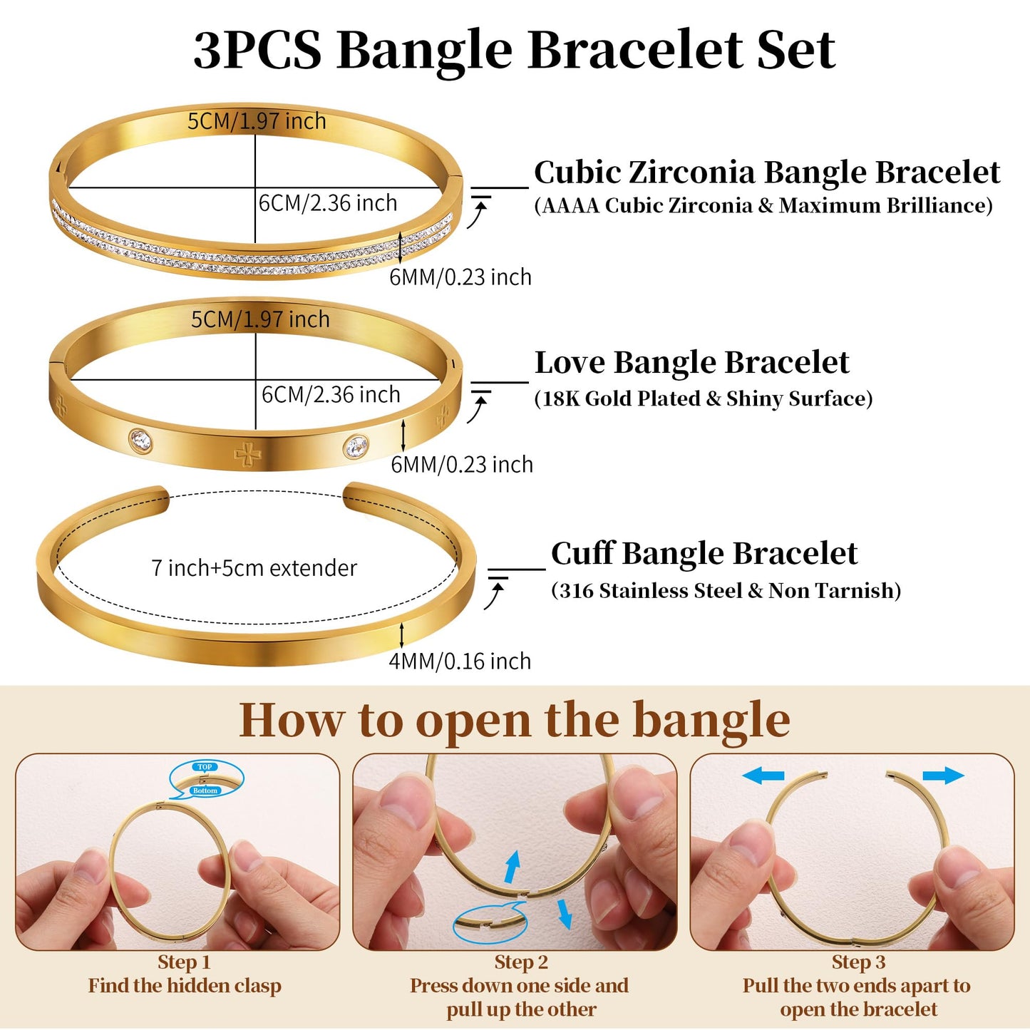 LCTrusttmor Gahna 18K Gold Plated Love Bangle Bracelets for Women, Stackable Cubic Zirconia Friendship Cuff Bangle Bracelet Set Trendy Jewelry Gifts for Women