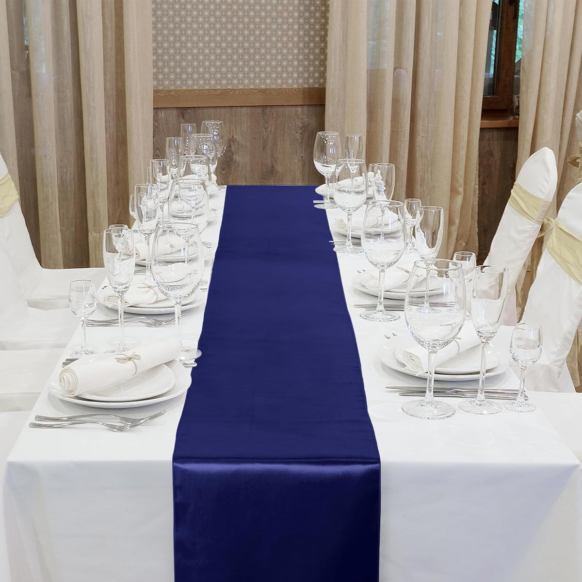 Aneco 12 Pack Satin Table Runner 12 x 108 Inch Navy Blue Long Wedding Satin Silk Table Runner for Wedding Banquet Graduations Birthday Party Decoration