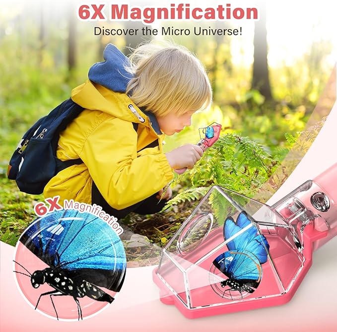 Bug Catcher for Kids, Insect Trap Kit with 6X Magnifier Glass - STEM Educational Exploration Tool for Indoor and Outdoor,Christmas Birthday Gift Toys for Adults, Boys, and Girls,Pink