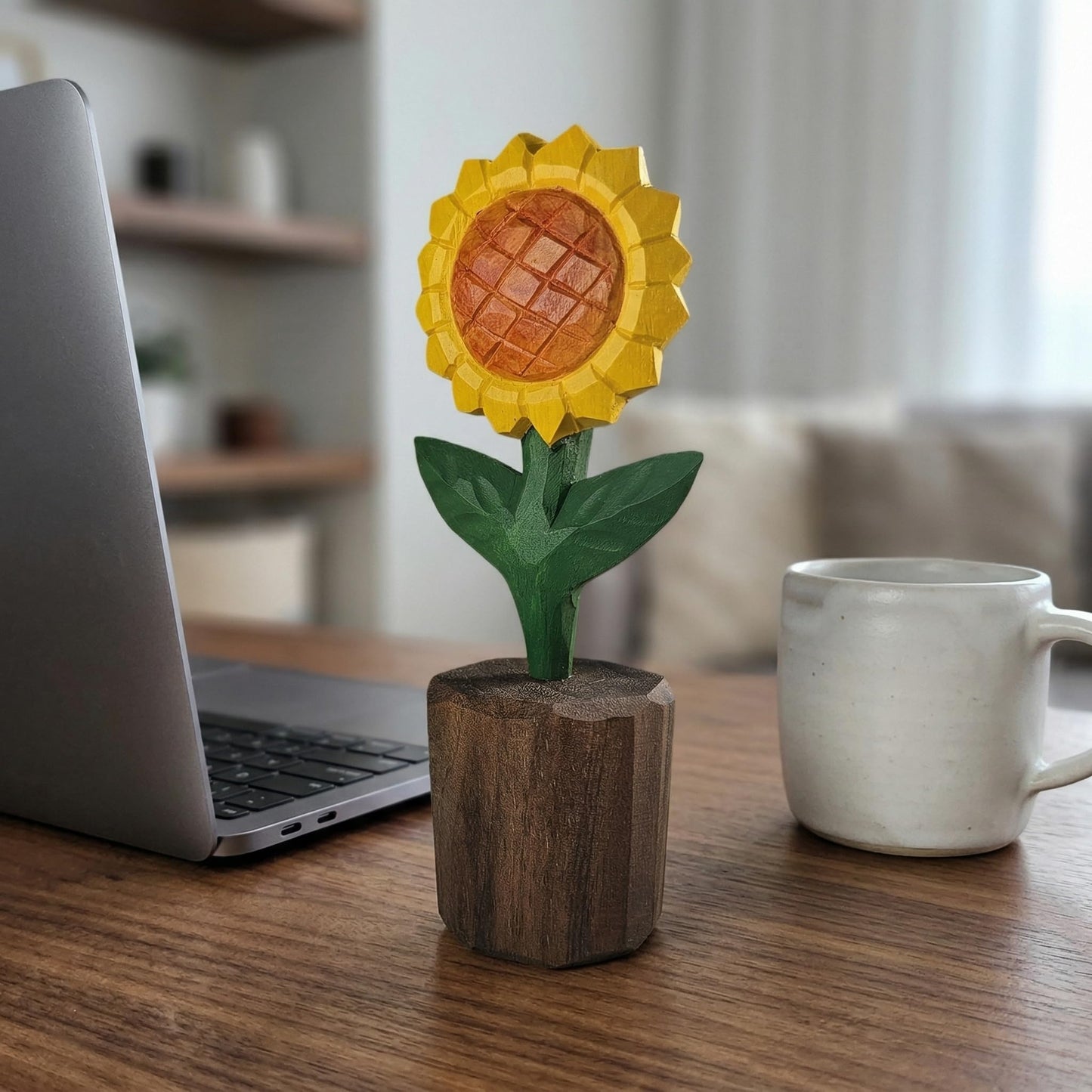 Hand-Carved Wooden Sunflower Figurine – Artisan Solid Wood Flower Statue for Rustic Farmhouse Shelf Decor & Desk Accessories – Unique for Her, Mom, Teachers (5 Inch, Gift Boxed)