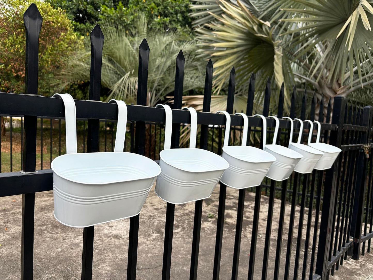 Joyfernal 10" Hanging Flower Pots, Pack of 6 White Metal Outdoor Patio Balcony Planter, Railing Planters Fence Pot with Detachable Hook & Drainage Hole for Small Plants (White, 6Pcs)