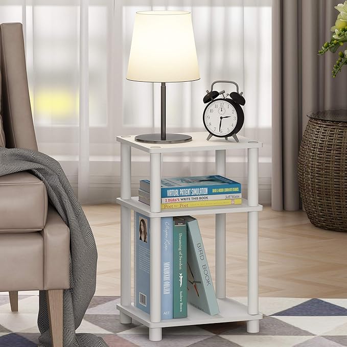 Furinno Just 3-Tier Turn-N-Tube End Table / Side Table / Night Stand / Bedside Table with Plastic Poles, 2-Pack, White/White