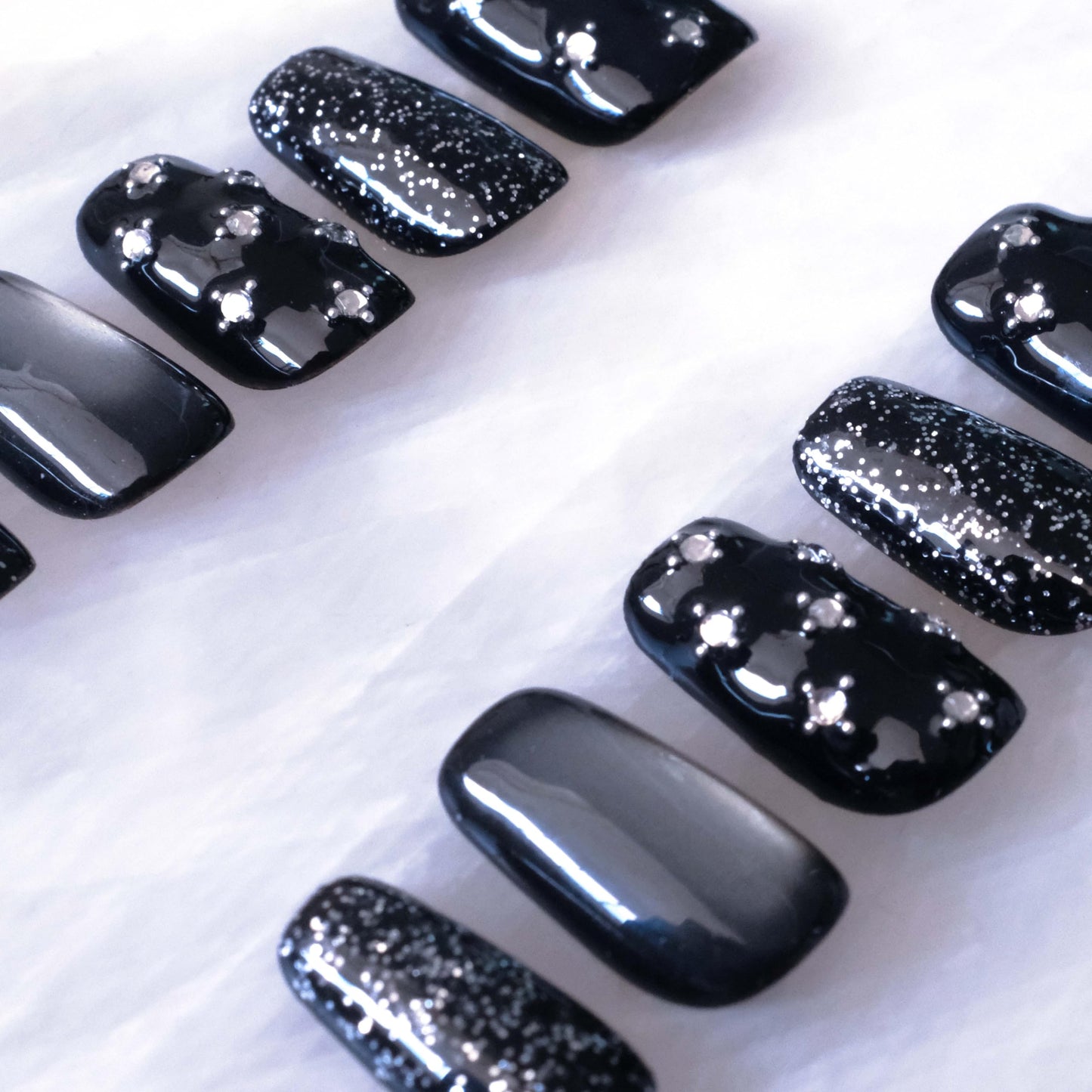 BlackStar - Handmade Press on Nails, Black Starry Sky with Cat Eye, Rhinestone Bling, Medium Ballerina Shape, 10 Pieces (Medium Size, MB)