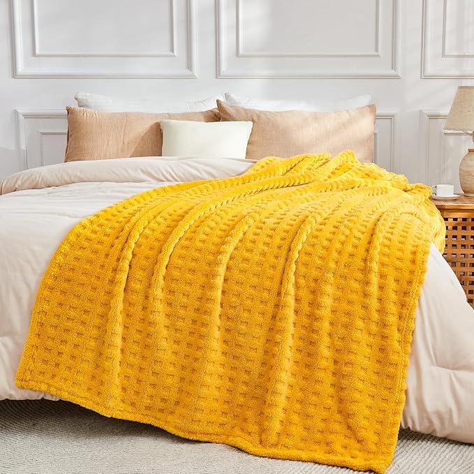 NEWCOSPLAY Super Soft Queen Blanket Yellow Premium Silky Flannel Fleece 3D Waffle Checkered Lightweight Bed Blanket All Season Use (Mustard Yellow, Queen(90"x90"))