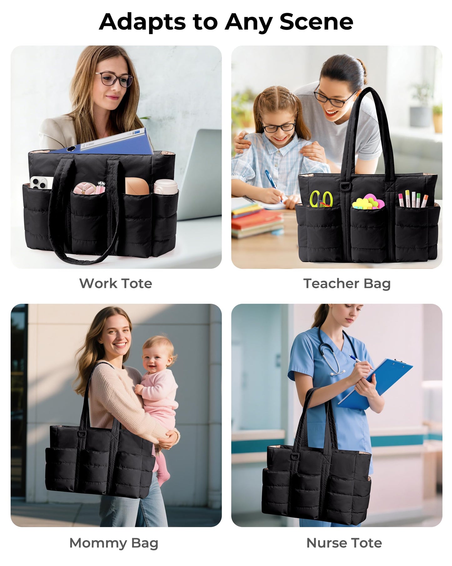 Fasrom 2PCS Nurse Tote Bag Bundle for Work, Structured Clinical Bag and Lightweight Puffer Nursing Tote, Multi-Pocket Nurse Bags for Nurses, Nursing Students, Home Health Care, Black