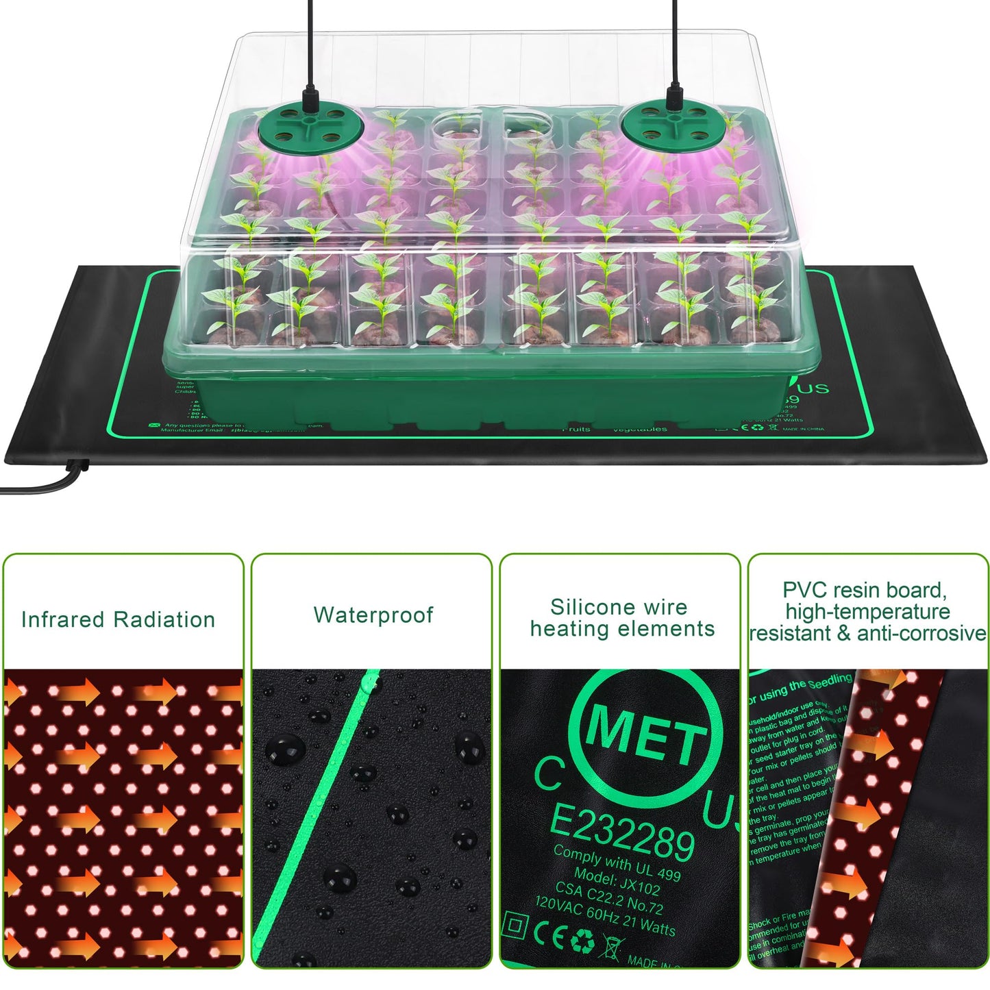 Hahood Seed Starter Kit with Grow Light Seedling Heat Mat 48 Cells Seed Starter Tray with Humidity Dome and Base Germination Trays Plastic Growing Trays Plant Propagation Kit for Seed Starting, Green