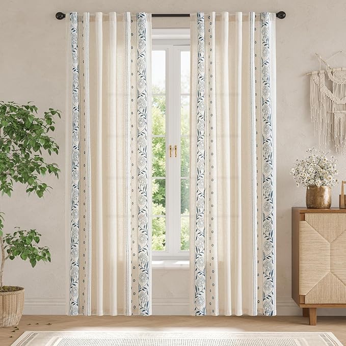 jinchan Winslow Linen Curtains for Bedroom 84 Inches Length Embroidered Bordered Floral Curtains for Living Room Farmhouse Decor Light Filtering Window Treatments Blue on Beige Drapes 2 Panels