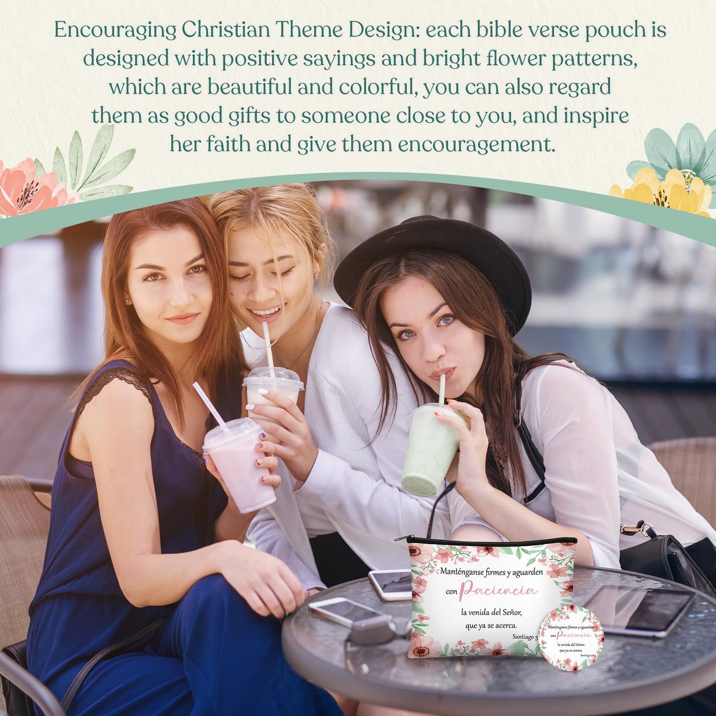 Abbylike 40 Pcs Christian Gift for Women Include 20 Bible Verse Makeup Bags 20 Christian Compact Mirrors Inspirational Religious Scripture Gift for Mom Sister Birthday Christmas(Spanish Style)