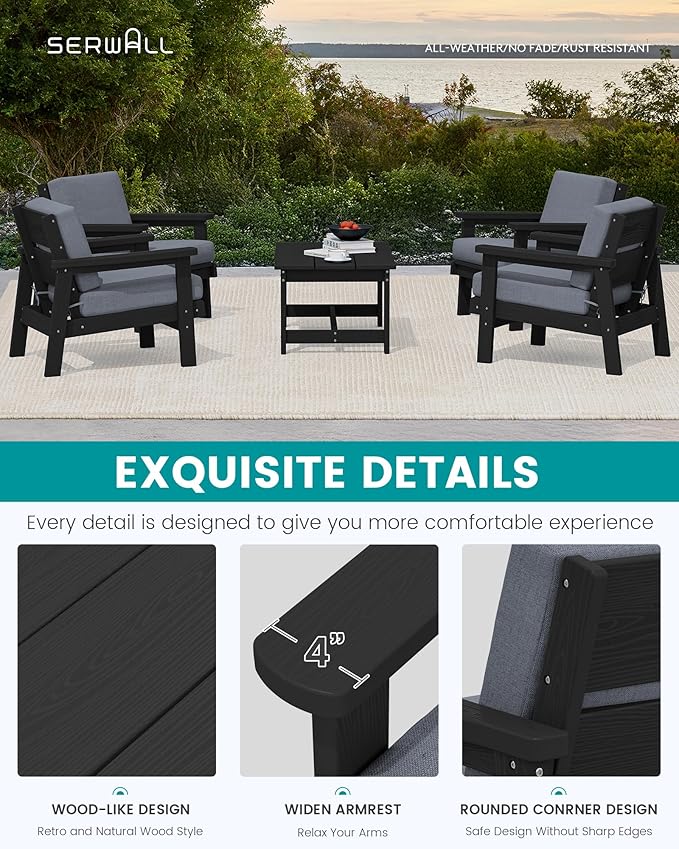 SERWALL Outdoor Patio Furniture Set, 5 Piece HDPE Patio Conversation Sets, All-Weather Wood-Like Outdoor Couch Loveseat and Coffee Table with Thick Cushions for Porch Balcony Garden Backyard