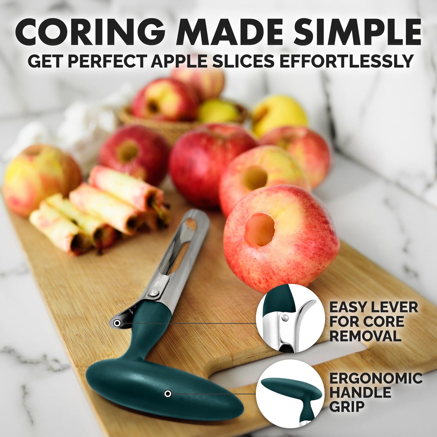 Zulay Kitchen Ultra Sharp Apple Corer Tool - Stainless Steel, Sharp & Serrated Blade Cores in Seconds - Easy to Use & Clean, Durable Apple Core Remover for Apples & Small Fruits - Dark Teal