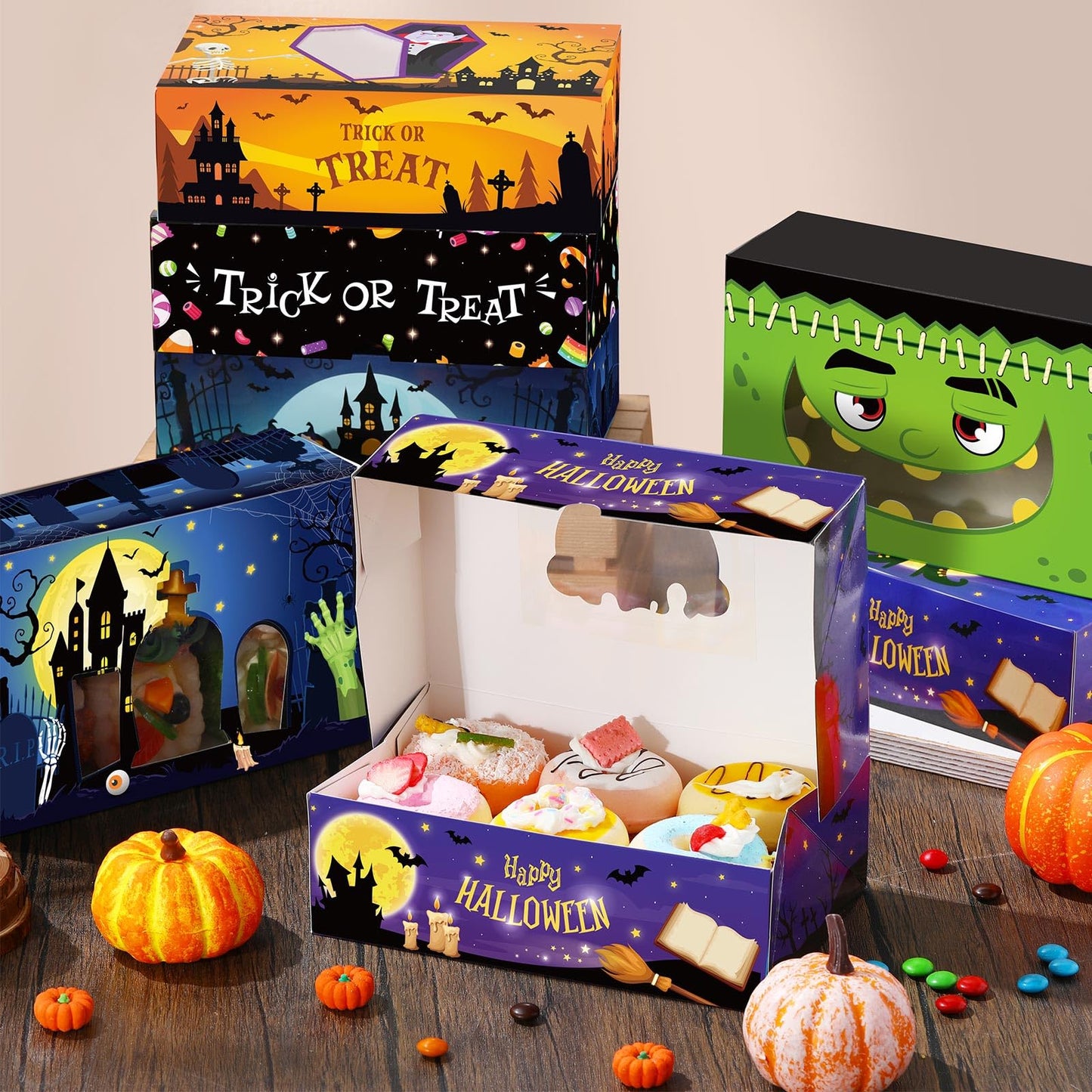 Pasimy 36 Pcs Halloween Cookie Boxes with Window 8.7 x 5.5 x 2.8 Inch Halloween Treat Boxes Bulk Cupcake Candy Dessert Containers for Bakery Pastry Packaging Supplies