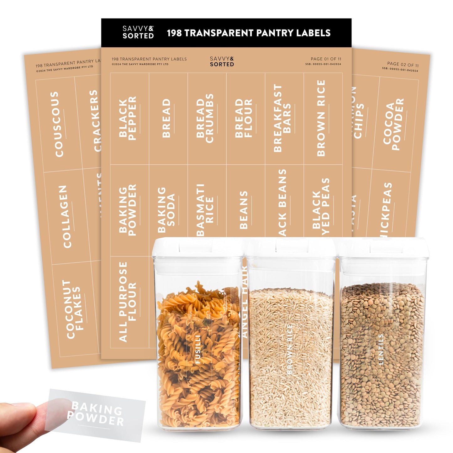 SAVVY & SORTED Pantry Labels for Food Containers, 198 Modern Font Kitchen Labels for Containers on Clear Sticker, Waterproof Scratch Resistant, Organize Pantry Essentials