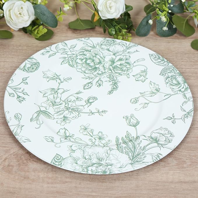 Efavormart 6 Pack Floral Acrylic Charger Plates in French Toile Pattern, White Sage Green Round Dinner Charger Event Tabletop Decor - 13"
